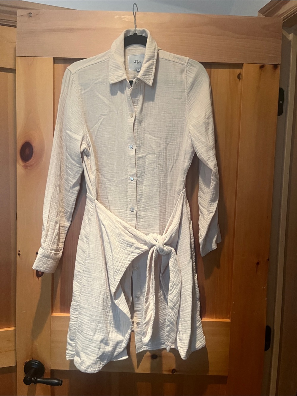 Rails Cream Button-Front Long Sleeve Shirt Dress with Tie Waist